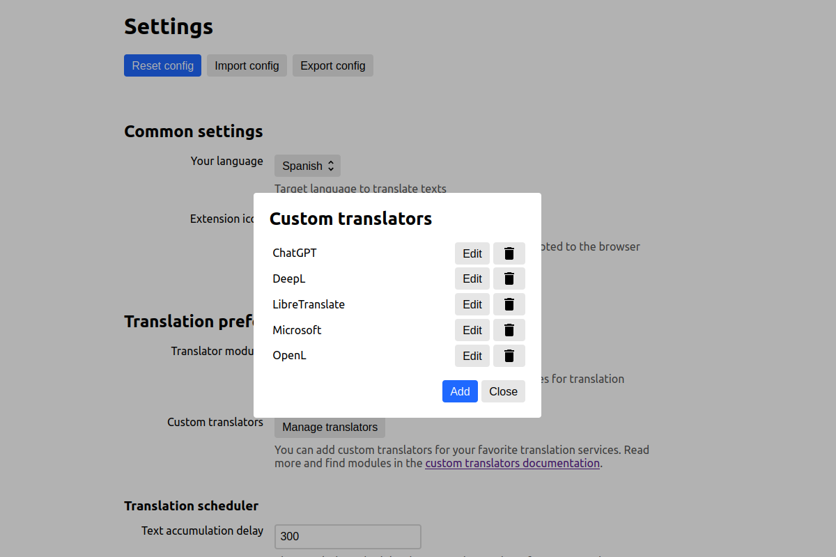 Linguist settings screen with opened modal window to select custom translator