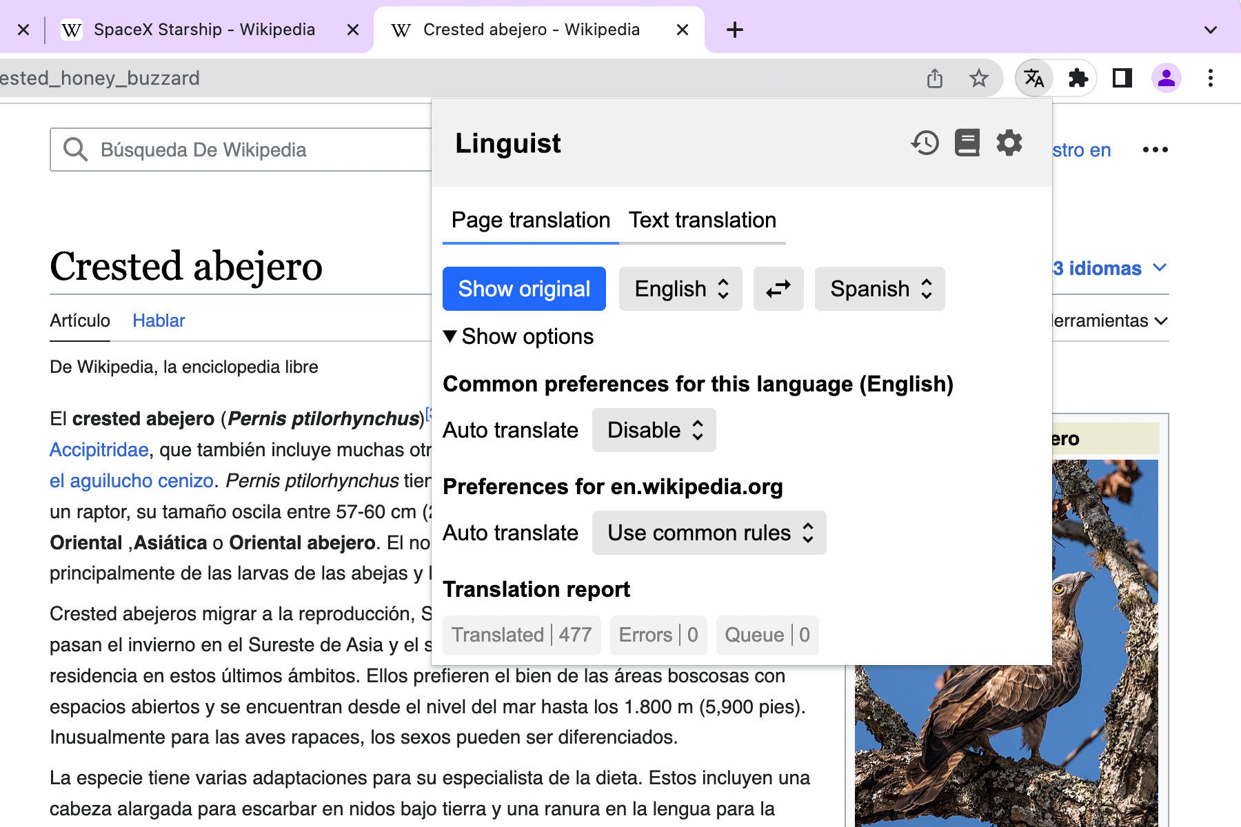 The wikipedia page European honey buzzard translated via Linguist