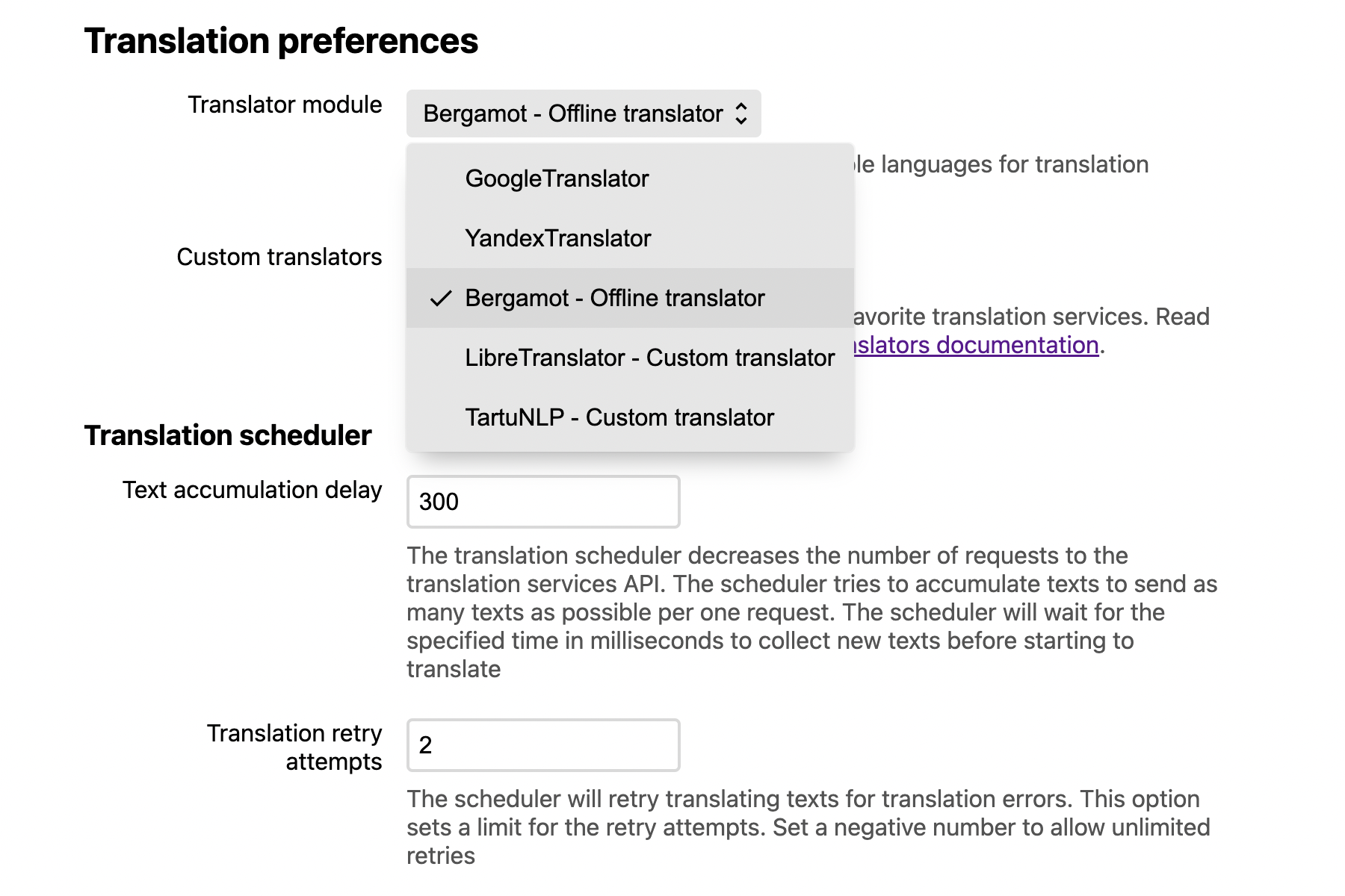 Linguist settings screen. User choose a Bergamot - offline translator
