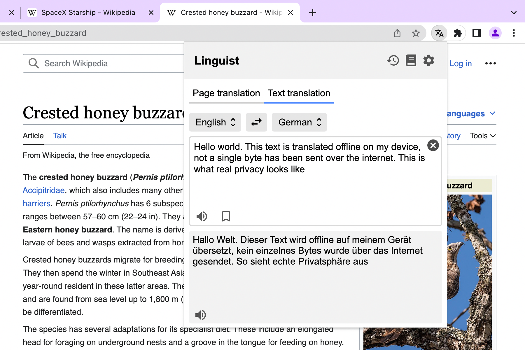 Linguist popup where user input text and translate it from English to German language